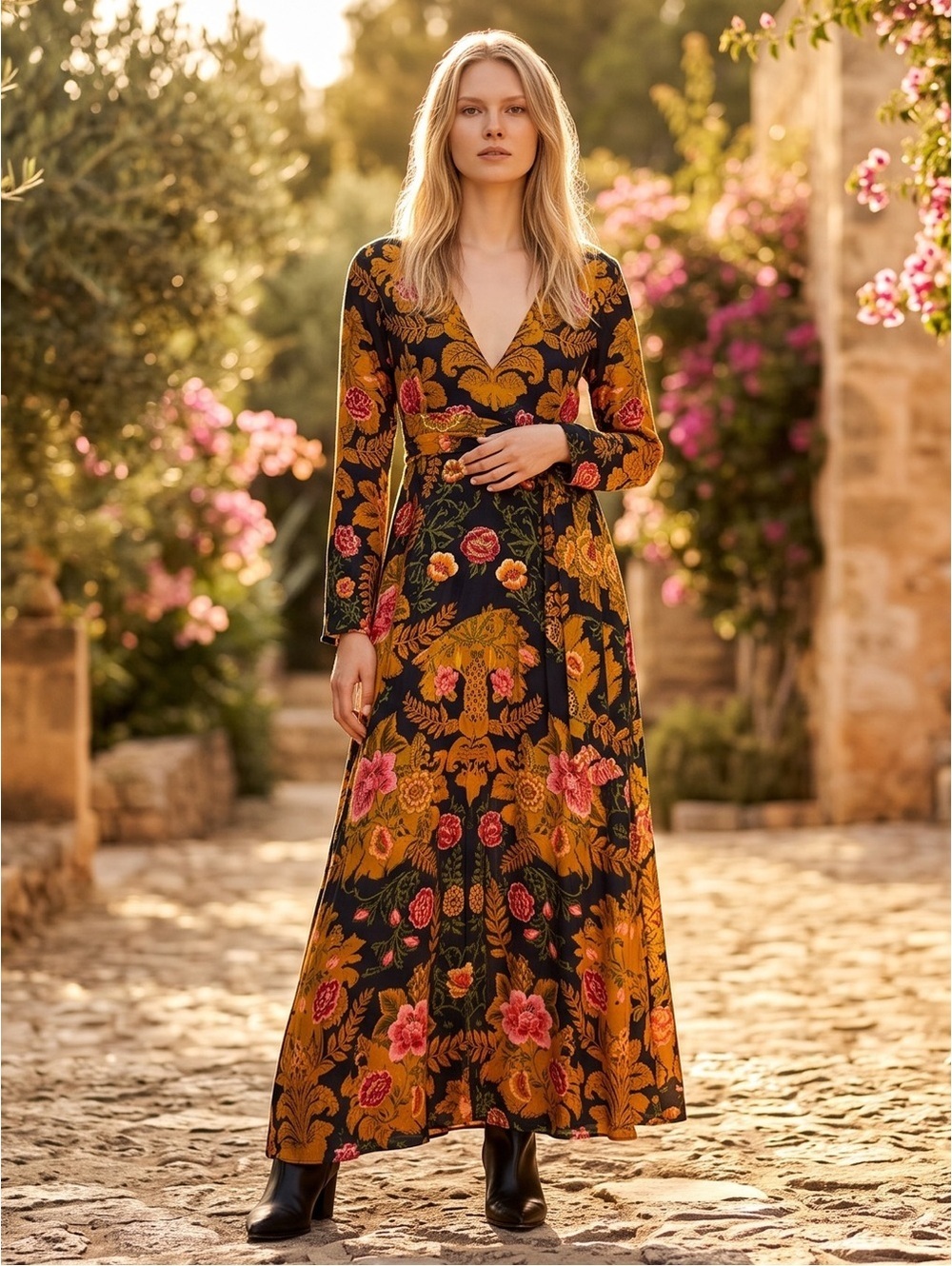 Small FARM Rio Black Arabesque Floral Lenzing™ Ecovero™ Viscose Maxi Dress